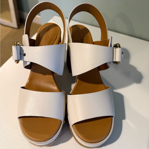 See By Chloe White and Tan Block Platform Sandals - Picture 2 of 6